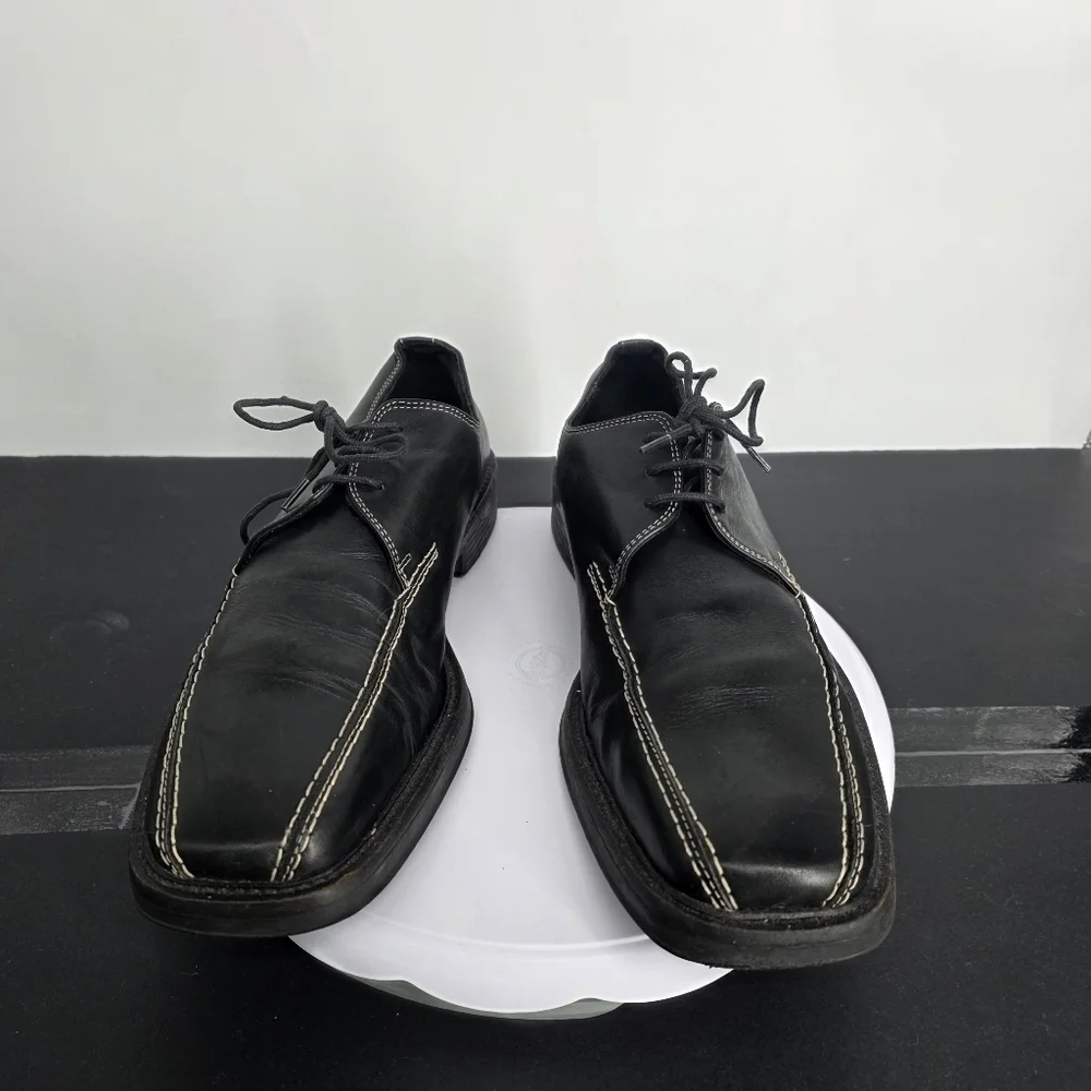 Robert Wayne Black Leather Lace-Up Shoes Men's US 12 Square Toe Derby Oxford